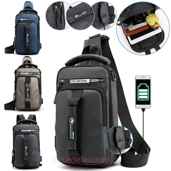 Anti-Theft Men's Sling Crossbody Bag Chest Shoulder Backpack USB Charging Port - Picture 2 of 13